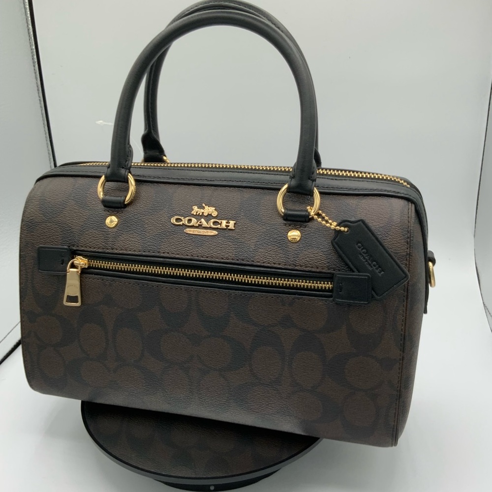 Coach Rowan satchel- black and brown signature canvas with detachable strap